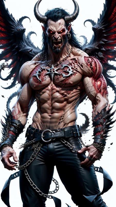 Cosmic horror. Chaos from creation. Abyss demon, death demon. Hypermasculine male, tall, extremely muscular, brute, sinewy. Pale white skin. Red, menacing eyes with dark circles around them. Strong brow and jaw, vampire-like fangs in his mouth. Black medium length hair, wild and unruly. 2 large white ivory horns curving up from the sides of his head. Black goatee on his face. His upper body is covered in dark red tribal tattoos and sigils, all neatly arranged. Big silver chains are wrapped around his massive chest in an o-ring style harness, also wrapped above his biceps. Heavy black leather bracers with spikes are on his arms. Hands have black, claw like fingernails. He wears form-fitting, leather bondage-type pants with chains around his waist. A large silver inverted pentacle as the belt buckle. Pants are tucked into big, heavy black boots adorned with silver metal. He has 2 gigantic demon wings, black on the outsides and reddish on the insides-- he uses them to fly. He has a dark aura and there is black smoke wherever he goes. Full body pose. He is a worshiper of Death. Cosmic horror. Chaos from creation. Abyss demon, death demon. Hypermasculine male, tall, extremely muscular, brute, sinewy. Pale white skin. Red, menacing eyes with dark circles around them. Strong brow and jaw, vampire-like fangs in his mouth. Black medium length hair, wild and unruly. 2 large white ivory horns curving up from the sides of his head. Black goatee on his face. His upper body is covered in dark red tribal tattoos and sigils, all neatly arranged. Big silver chains are wrapped around his massive chest in an o-ring style harness, also wrapped above his biceps. Heavy black leather bracers with spikes are on his arms. Hands have black, claw like fingernails. He wears form-fitting, leather bondage-type pants with chains around his waist. A large silver inverted pentacle as the belt buckle. Pants are tucked into big, heavy black boots adorned with silver metal. He has 2 gigantic demon wings, black on the outsides and reddish on the insides-- he uses them to fly. He has a dark aura and there is black smoke wherever he goes. Full body pose. He is a worshiper of Death.