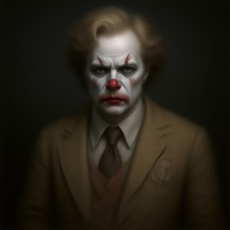 Gothic Ronald McDonald, styled in muted, neutral tones with an epic, realistic flair, featuring intricate and dramatic details. A faded color palette brings a somber, cinematic atmosphere, with precise and complex elements woven into the design, conveying a dark yet captivating presence.