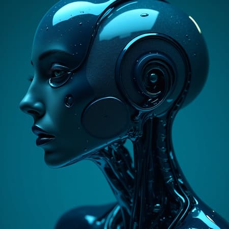 Robot Women Depicted Artwork Robot women depicted with exquisite attention to anatomy, featuring a palette of deep black and vibrant azure, photographed in high dynamic range. The design is organic and fluid, reminiscent of a National Geographic photo, showcasing transparent layers and intricate details. Emphasizing realism and raw style within an elongated aspect ratio, this concept captures an ethereal and futuristic elegance.