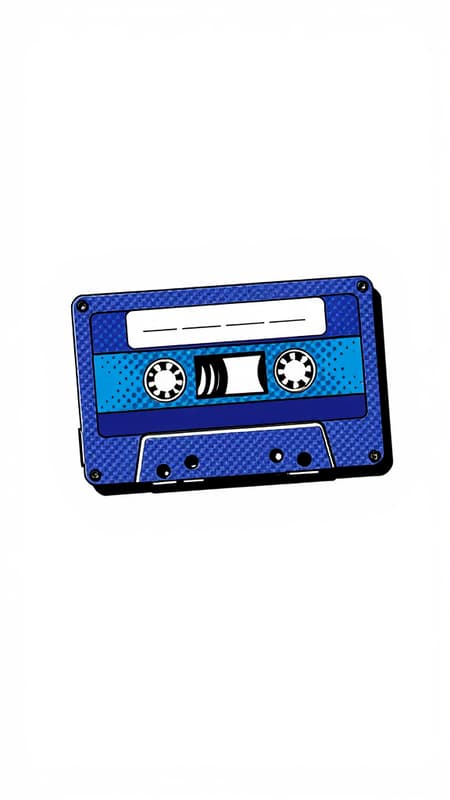 A vintage cassette tape illustrated in a Carbon Fiber style with a blue and purple color scheme, reminiscent of Roy Lichtenstein's pop art, set against a stark white background, featuring bold comic-inspired lines and dots, with a touch of modern flair.