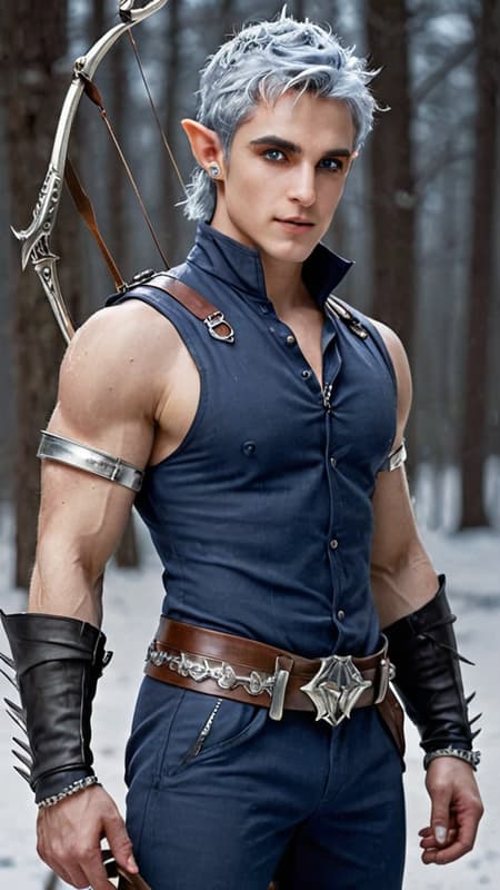 Faerie and Fantasy, The Dreaming. Elf. Moon Elf, pale white elf. Hypermasculine mature adult male. Short, stocky, wide shouldered, broad chested, narrow waist, sinewy, well defined. Strong, muscular. Pale white skin the color of snow, dusted in glittery moondust. Short length dark indigo-blue hair, short on sides and spiky on top. {{{SHORT HAIR, INDIGO BLUE HAIR}}}. Sparkling silver eyes, playful and cheery. Handsome rugged masculine face, strong brow and chin, cleft in chin. Indigo-Blue soul-patch on face below bottom lip. Sharp Elf ears. His skin is dusted in silvery glitter. Silver talisman with crystal quartz pendant around his neck. Navy blue sleeveless shirt unbuttoned to navel, revealing his chest. Silver arm bands above his biceps, silver earring in left ear, along with silver ear cuffs. Black leather fingerless gloves, black leather bracers on arms. Black leather belt around waist, silver and sapphire belt buckle. Navy blue rangers pants/tights, form fitting and smooth over powerful legs and bulge in groin. Soft gray boots, knee-high and slouchy/supple bucket boots. He holds a golden magical bow. He has a soft, silvery aura under moonlight, signifying elven magic. Full body pose, he is the archer, the Dream Archer. Faerie and Fantasy, The Dreaming. Elf. Moon Elf, pale white elf. Hypermasculine mature adult male. Short, stocky, wide shouldered, broad chested, narrow waist, sinewy, well defined. Strong, muscular. Pale white skin the color of snow, dusted in glittery moondust. Short length dark indigo-blue hair, short on sides and spiky on top. {{{SHORT HAIR, INDIGO BLUE HAIR}}}. Sparkling silver eyes, playful and cheery. Handsome rugged masculine face, strong brow and chin, cleft in chin. Indigo-Blue soul-patch on face below bottom lip. Sharp Elf ears. His skin is dusted in silvery glitter. Silver talisman with crystal quartz pendant around his neck. Navy blue sleeveless shirt unbuttoned to navel, revealing his chest. Silver arm bands above his biceps, silver earring in left ear, along with silver ear cuffs. Black leather fingerless gloves, black leather bracers on arms. Black leather belt around waist, silver and sapphire belt buckle. Navy blue rangers pants/tights, form fitting and smooth over powerful legs and bulge in groin. Soft gray boots, knee-high and slouchy/supple bucket boots. He holds a golden magical bow. He has a soft, silvery aura under moonlight, signifying elven magic. Full body pose, he is the archer, the Dream Archer.
