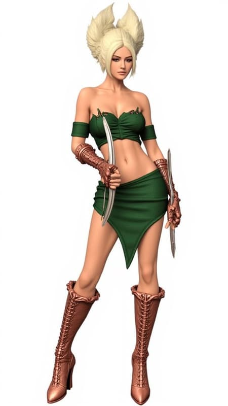 Supervillain, warrior, assassin. Caucasian female, medium height, thin but athletic, quick and dexterous. Brown eyes (always alert), rakish looking, sharp features, very plain, somewhat masculine face. Short length sandy blonde hair just above the shoulders, middle parted with feathered Bangs and volumous feathered hairstyle. Off the shoulder hunter green crop-top with short sleeves and Copper chainmail armor accents, exposing her midriff. Copper bracers on arms. A triangular hunter-green short skirt, the long part in the middle and high on the sides of the hips, joined and held by Copper chainmail accents. Copper colored bucket boots just below the knees, medium boot heels. She carries 2 razor sharp katanas, electrified to zap her target as well as cut them. If she faces any sort of physical attack, she automatically teleports away from the attack. Her bosses send her when they want someone killed quick, and she's more than happy to oblige. Full body pose. 