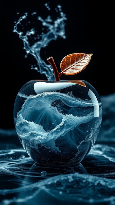 A mesmerizing double exposure image showcasing the harmonious blend of a stormy sea and a glass apple, with the tumultuous waves and swirling waters serving as the underlying backdrop, their fine details seamlessly infused within the lustrous surface of the glossy, glass apple. The apple itself stands in sharp focus, evoking a sense of lifelessness and decadence, crafted in earthy tones with an intricate design. The scene is hyper-realistic, rendered in high definition with extreme attention to detail, set against a dark softbox environment that enhances the cinematic quality. Advanced raytracing techniques are employed to capture the photorealistic depth and striking contrasts, resulting in an HDR image that captivates with its dramatic interplay of elements.