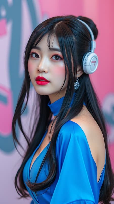 Korean women blue dress lips pink colour robot hair black Korean women blue dress lips pink colour robot hair black