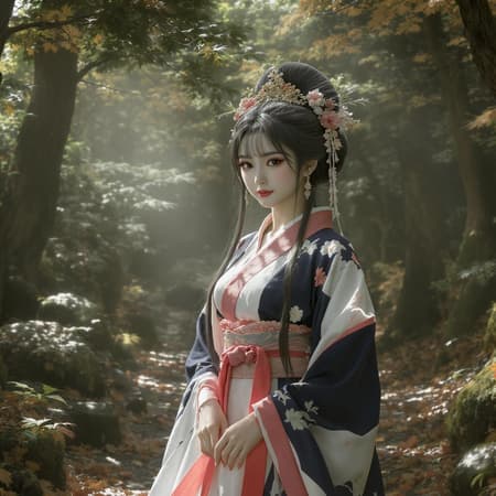 A young Asian woman in a lush forest wearing a meticulously detailed kimono, blending elements of Unreal Engine 5's hyperrealism with romantic illustration styles. Her appearance captures the essence of the Western Zhou dynasty, elegantly combining hues of dark white and light red. The scene is in sharp focus, reminiscent of a solarizing master’s touch, revealing intricate character nuances in her expression and attire, all set against the gentle interplay of dappled forest light and shadow.