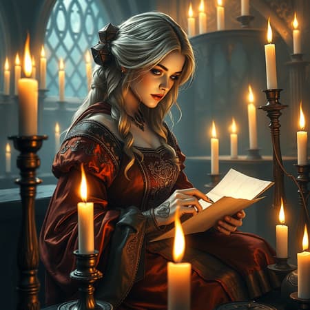A captivating scene featuring a blond woman in a richly detailed medieval gown, absorbed in writing a letter. Surrounded by the warm glow of numerous candles, the atmosphere exudes a mystical aura. The fantasy art style draws inspiration from the works of Wojtek Fus and Magali Villeneuve, akin to the universe of Ciri from The Witcher. The artwork displays stunning, detailed character art that could grace the pages of fantasy game art collections, rendered in breathtaking 4K quality. This epic fantasy portrait blends intricate textures and vibrant colors, capturing the enchanting essence of the genre.