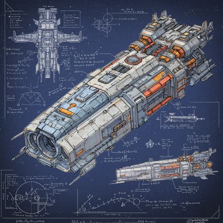 Blueprint Sketch Futuristic Artwork A detailed blueprint sketch of an enormous futuristic sci-fi spacecraft featuring intricate warp engines, surrounded by complex formulas and detailed annotations. The schematic is divided into distinct sections, each designed with careful attention to the golden ratio. Embellished with imaginative, fictitious details, the artwork exudes a sense of trending popularity. Rendered with an acrylic palette knife technique, it blends vibrant textures reminiscent of Makoto Shinkai, Studio Ghibli, and Genshin Impact, while also incorporating the bold, graphic style of James Gilleard. The composition is enriched with surreal elements inspired by Chiho Aoshima, combining elements of fantasy and precision, creating a visually striking and imaginative vision of future technology.