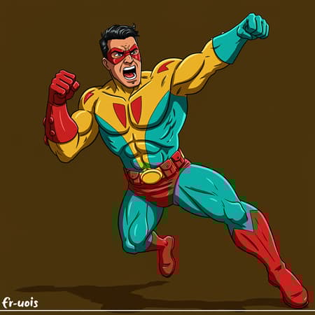 A dynamic image of a man in a superhero costume, showcasing bold fists and a powerful arm in the distinctive style of Chicano art. The color palette features rich dark yellow and turquoise, accented with vibrant red and bronze tones, reminiscent of striking poster art. Influences of rangercore fashion are present, alongside visual elements inspired by the classic Argus C3 camera and the avant-garde Blue Rider art movement. The scene is elongated in a 71:128 aspect ratio, with an expressive and stylized design bringing the character to life.