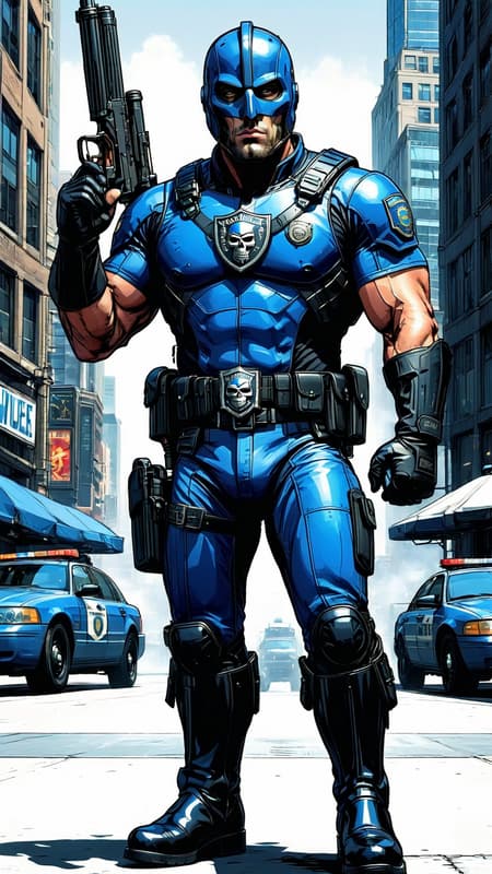 Policeman becomes Super-hero. Caucasian male, blue eyes, handsome. Tall, muscular, fit. He wears a full black spandex outfit with blue stripes down the sides of the pantlegs, blue stripes down the sides of the arms, a blue collar around the neck and large blue gloves over his forearms. His head is covered by a black skull-fitting mask that has openings, exposing his eyes and mouth. It helps to keep his secret identity. A tiny blue shield is on the forehead of the mask. He has a tactical belt around his waist with all the things a policeman would need--- gun, gun holster, walkie-talkie, and other assorted items. There is a huge silver badge graphic on the chest of the uniform, signifying that he is a policeman. His outfit is completed with black knee-high biker boots-- he does ride a police motorcycle on occasion. He carries a big black knightstick and a huge silver shield in the shape of a badge, these are his weapons of choice. Full body pose, carrying his knightstick and shield to protect the city.