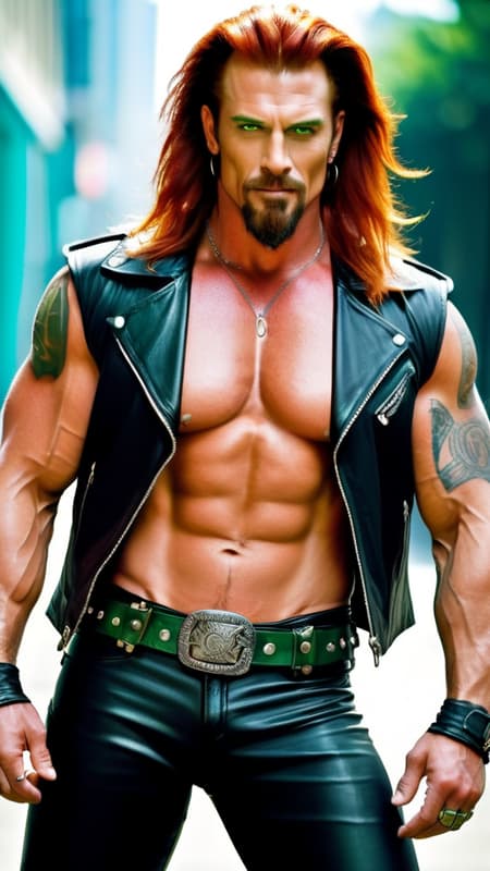 mature man. male motorcycle/biker gang member. Heavy Metal.  handsome face, thick red goatee, jade green eyes, masculine, manly, very tall, muscular, sinewy, broad chest, big biceps.  long wild locks of flaming red hair, slightly hairy chest, tattoos on arms and chest. black leather vest exposing chest. black leather pants and boots, studded belt around waist. surly grin. lying back, legs open, huge crotch