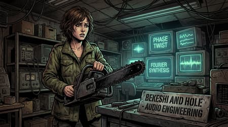 Comic book art style, a distressed woman with short brown hair and a rugged green jacket, holding a chainsaw in an industrial, cluttered room. She stands center in a medium shot. The background features glowing monitors displaying "PHASE TWIST" and "FOURIER SYNTHESIS" with waveform graphics. The room is dimly lit, with a moody, dark color palette dominated by browns, greens, and grays, accented by the neon glow from the screens. Tangled wires hang from the ceiling. A desk in the foreground has a worn metal sign reading "BEKESHI AND HOLE - AUDIO ENGINEERING". Gritty textures, strong black outlines, and cross-hatching shading.