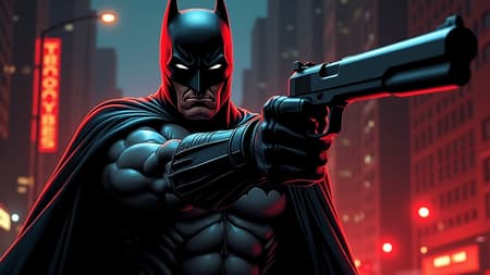 Beauty,realism,chiaroscuro,cinematic quality,rays of light,play of shadow and light,
A noir-style comic book scene featuring a batman, holding a gun pointed directly at the viewer.  The setting is a dark city at night, with tall buildings and glowing streetlights in the background, adding to the urban, gritty atmosphere. The color palette is mostly black and white, with only the red accents standing out vividly, creating a dramatic contrast. The scene is filled with tension, evoking a sense of mystery and high-stakes action.