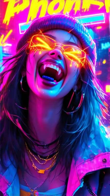 playful anime woman laughing with sharp teeth and glowing eyes and tongue out, colorful neon crazy cyberpunk background, phonk music album cover