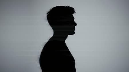 Vertical portrait of a solitary human silhouette, enveloped in glitch art with linear distortion; horizontal scan lines and digital interference create a fragmented appearance. The figure is horizontally distorted, exhibiting a scan line interference pattern against a minimal grey backdrop. Soft diffused lighting casts subtle shadows, enhancing the corrupted data aesthetic with noise textures and horizontal artifacts. Embrace a raw style with creative imperfections that emphasize a futuristic, digital ambiance, maintaining the essence of distorted and abstract visual effects.