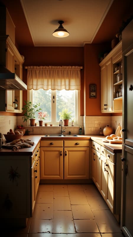 ambient light, a cozy kitchen from 1995 filled with the aroma of freshly baked bread. The walls are painted in shades of brown and white, and the floor is covered in soft lighting. A small potted plant sits on the counter, Warm Colors, aidmaimageupgrader