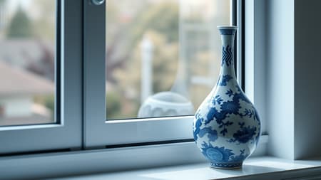 A sleek, elongated-neck Chinese blue and white porcelain vase rests gracefully on a window sill, captured in a hyper-realistic 3D render. Inspired by Christian Hilfgott Brand, this artwork is showcased on CG Society, embodying the essence of precisionism. The intricate patterns of the porcelain are bathed in soft, ambient studio lighting, emphasizing its elegance and detail. Shot using provia film with a 16:9 aspect ratio, the render captures the interplay of light and shadow, bringing the vase to vivid life against a gently blurred background. Subtle variations in hue and texture lend a modern twist to this timeless piece, maintaining its classic allure.