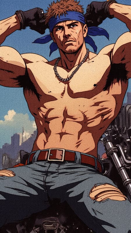 Male biker/motorcycle guy. Short light brown fade hairstyle, sky-blue eyes, stubble and mustache on face, strong chiseled jaw and brow. Handsome young man. Hypermasculine, brawny broad chest, Olympic build, bodybuilder, big muscled, muscular, rugged male. Extreme hair on chest, arms, legs,armpits. Shirtless, sweaty. Silver chain around neck, royal blue handkerchief tied around forehead. Black leather biker boots, black leather biker gloves, ripped/torn jeans. Full body pose, shirtless , arms up biceps and chest flexing,dark ample armpit hair. Sweaty. Motorcycle in background. 