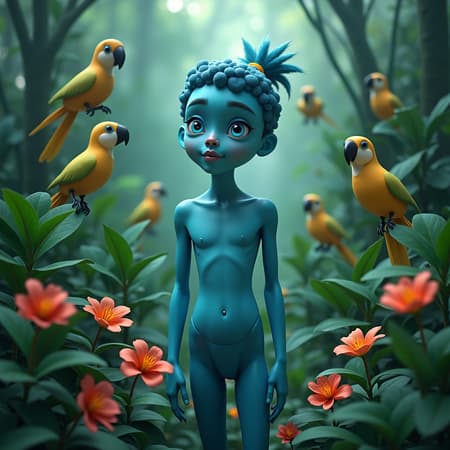 Fashion photography portrait of a cerulean human figure in a verdant jungle with vibrant flowers and exotic birds, 3d render, cgi, symmetrical composition, octane render, 35mm lens, bokeh effect, 9:16 aspect ratio, hdr lighting, 3d stylization, cartoon-like anime influence, subtly sketched elements, embracing natural imperfections like unique skin textures and expressions of individuality, featuring a youthful, athletic character with distinctive blue eyes and a sense of whimsy.