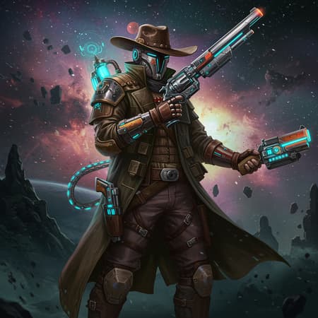 Generated Space Cowboy Space cowboy universe, futuristic western theme, with intricately detailed space bounty hunter gear, wielding a plasma revolver and showcasing cybernetic enhancements. Equipped with high-tech gadgets, the attire features vivid colors set against a cosmic frontier background. This sci-fi western mashup blends steampunk and cyberpunk elements, with breathtaking nebulas and expertly illustrated scenes. Detailed textures and glowing elements create a dynamic composition, contributing to an epic atmosphere. Crossing genres, this captivating space opera is crafted with ultra-realistic, 4k imagery, inspired by the style of Neo-Noir.