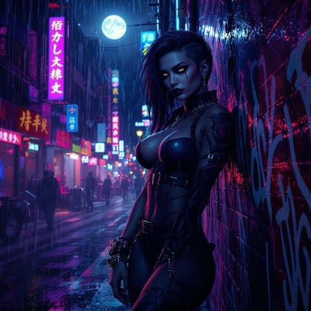 A full-body portrait of a cyberpunk woman standing against a wall in a vibrant cyberpunk city street at night, surrounded by vivid city lights and a glowing moon. The scene features colored lighting casting a dynamic pose on the cyberpunk woman with an intense expression. She has long hair flowing down and a meticulously detailed symmetrical face. The edgy look is complemented by short hair cut on one side, signifying a punk or alt-girl aesthetic, adorned with multiple rings, reflective eyes accentuated by makeup, and various ear piercings. The lighting is intricate, featuring rim and dramatic chiaroscuro effects, highlighting her long sleeves with numerous bracelets. The backdrop includes a brick wall embellished with graffiti, and despite wearing muddy boots tied with black shoelaces, she maintains a professional and majestic pose. The artwork echoes impressionism and is reminiscent of the styles of Waterhouse, John Constable, Ed Blinkey, Atey Ghailan, and the artistic flair of Studio Ghibli. Artists like Jeremy Mann, Greg Manchess, and Antonio Moro inspire the piece, making it a high-detailed masterpiece trending on ArtStation and CGSociety. It encapsulates the essence of Makoto Shinkai's Kyoto ambiance, focusing on intricate details without any unrealistic or flawed elements.