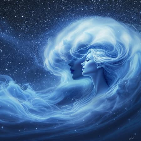 A dreamlike landscape photograph featuring a surreal, semi-realistic quality with an ethereal double exposure style. The scene captures the twilight of blue hour, with cool blue to dark gradients and muted soft tones interwoven with dark, light, and midnight blue shades just after sunset. In the foreground, a profile of a serene female figure is depicted with smooth, luminous skin, exuding an air of tranquility. Her presence is highlighted by a large, wispy trailing wave of translucent shapes resembling mares’ tail cirrus clouds, softly blending into a star-filled night sky. The color palette is a harmonious blend of contrasting light and dark blues, with faint, wispy diffused muted hues, crafting a dark, emotionally charged atmosphere. The background features a deep gradient, emphasizing the powerful, tumultuous quality of the scene. The composition is balanced yet impactful, with intricate details that evoke a sense of elemental power and a cool, luminous glow, offering a serene and meditative ambiance. The imaginative enhancements subtly adjust the scene's features while preserving its core tranquil and otherworldly essence.