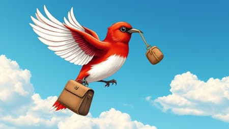 A logo for a travel website featuring a vibrant red bird with gracefully detailed white wings, clutching a vintage travel bag in its beak. It's set against a serene blue sky filled with fluffy white clouds, evoking a sense of adventure and freedom. The design is infused with intricate artwork reminiscent of Beatrix Potter's style, showcasing a charming cottage core aesthetic. Rendered in 8K resolution, the logo is highly detailed and captured from a 45-degree angle, providing a dynamic perspective that enhances its visual appeal.