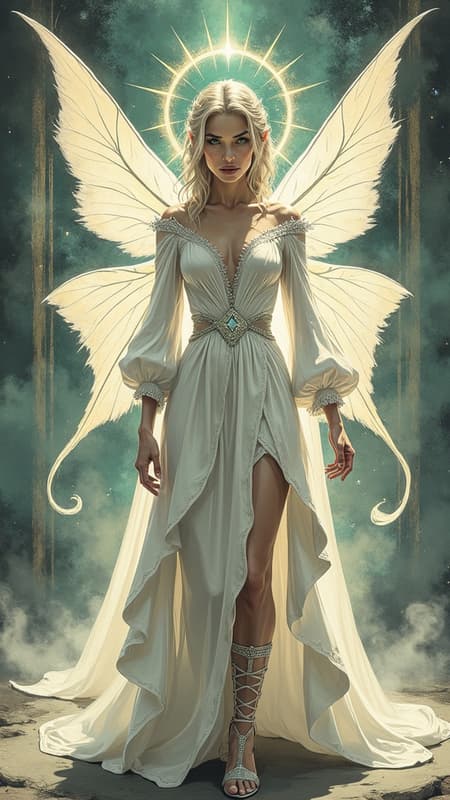 Cosmic, universal. The light of Heaven is with her, no shadow dares approach her. Faery Queen and Archangel in one. Sylph, fairy. Regal, royal, elegant. Beautiful young face, shining chartreuse green eyes with long blond lashes. Short white-gold hair, side swept on one side forming a beautiful braid in the back of her head, side swept bangs fall over her eyes. Over her head is a halo made of stars, with the center star being the brightest. Elvish ears. Delicate model face with glossy pink lips. A white lace collar with a diamond at the center around her neck. She wears a white pearlescent royal long sleeved tiered gown, embedded with crystals, a silver belt with diamonds around her waist. The tiered bottom half of her dress is shorter on the sides, revealing long lovely legs. On her back is an enormous, over-sized pair of dragonfly wings, translucent and iridescent with all the colors of the rainbow/spectrum. She wears a pair of silver high heels with silver gladiator straps. She leaves a cloud of glitter wherever she flies. She shines with a silver light/aura, she radiates light and power. Full body pose, opening a portal to Heaven and entering the light... Cosmic, universal. The light of Heaven is with her, no shadow dares approach her. Faery Queen and Archangel in one. Sylph, fairy. Regal, royal, elegant. Beautiful young face, shining chartreuse green eyes with long blond lashes. Short white-gold hair, side swept on one side forming a beautiful braid in the back of her head, side swept bangs fall over her eyes. Over her head is a halo made of stars, with the center star being the brightest. Elvish ears. Delicate model face with glossy pink lips. A white lace collar with a diamond at the center around her neck. She wears a white pearlescent royal long sleeved tiered gown, embedded with crystals, a silver belt with diamonds around her waist. The tiered bottom half of her dress is shorter on the sides, revealing long lovely legs. On her back is an enormous, over-sized pair of dragonfly wings, translucent and iridescent with all the colors of the rainbow/spectrum. She wears a pair of silver high heels with silver gladiator straps. She leaves a cloud of glitter wherever she flies. She shines with a silver light/aura, she radiates light and power. Full body pose, opening a portal to Heaven and entering the light...