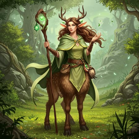 Oil painting of a standing female faun, featuring long flowing brown hair, cloven hooves replacing human feet, and deer-like fur covering her legs. She embodies the mystical essence of a Satyr and appears as a fantasy cleric character. Her attire includes a light green cloak that drapes elegantly around her shoulders, complemented by the wooden staff she holds in her hand, crowned with a small shimmering green orb at its top. The panned-out view captures the mythological atmosphere, immersing the scene in high fantasy. The art is rendered in exquisite detail, with an ultra-high definition resolution of 16k, incorporating vibrant HDR color dynamics, evoking the realms of UnrealisticDreams and fanciful BadDreams.