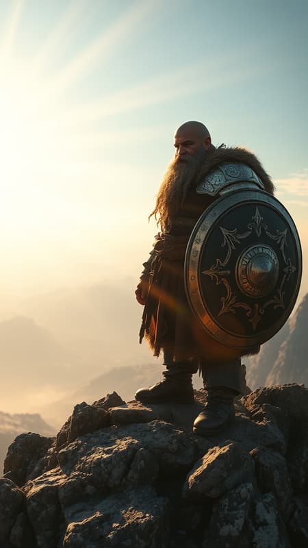 A dwarf warrior standing resolutely atop a mountain peak, his battle-worn armor glistening in the sunlight. The scene is rendered in sharp focus with vibrant colors that bring out every detail of his braided beard and the intricate designs on his shield. The atmosphere is cinematic with a dreamy glow, capturing the essence of fantastic realism. Dynamic fairy lighting dances around him, creating volumetric rays that pierce through the misty air. An HDR effect enhances the overall drama, highlighting the textures of the rocky terrain and the ethereal aura surrounding the warrior, set against a breathtaking 9:16 panoramic sky.