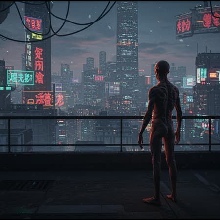 Dystopian Cityscape Detail Art Dystopian cityscape with a high detail RAW color photo, capturing a full shot of a figure standing on an overlook, gazing at the expansive cyberpunk city skyline. The figure's face is strikingly perfect, illuminated by raytracing and specular lighting, with a shallow depth of field achieved using a 200mm lens. The image is in hard focus, smooth, resembling a cinematic film still. It's rendered in CGI, using octane techniques, with intentional artifacts such as lowres textures, jpeg compression, and elements like text that hint at a gritty future. The scene embraces the aesthetic of imperfection with blurred and mutated features, suggesting a world where beauty and decay coexist. The figure's anatomy is intentionally distorted: extra limbs, fused fingers, and elongated necks, presenting a provocative exploration of form and humanity. The elements of deformed and disfigured proportions, missing and fused components, along with gross anatomical variants, are depicted as part of this futuristic realm.