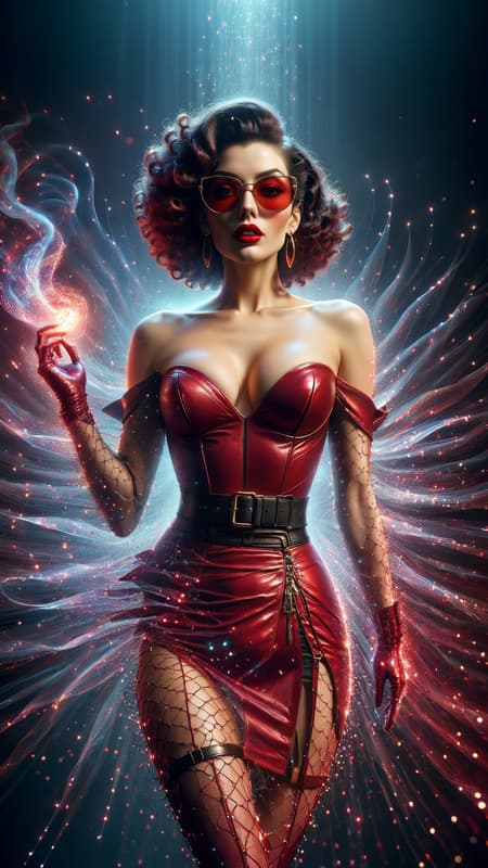 Old Hollywood meets modern pop culture, and she's got that Boop-Boop-be-doop! She's also a supervillain capable of blowing you down with her kisses! The power blasts forward from her in red lip-shaped energy! feminine woman, young Caucasian female. Actress, sort of like Betty Boop. Red is her favorite color!  Fun, vivacious, lively, glamorous. Tall, leggy, strong, fit, busty, thin but curvy. Beautiful face, sparkling Hazel eyes with long eyelashes. Medium length hair to her shoulders, with fluffy bouncy burgundy colored curls, glamorously styled. Usually dark sunglasses perched on top of her head. Shiny, glossy ruby-red lips, usually blowing kisses. Shiny, glimmering red mini-dress with cut-out shoulders, form fitting material. Black leather designer belt around her waist. The dress is slit on one side. Red fishnet stockings on her legs, with knee-high red stiletto heeled boots on her feet. Her power is her lips, blowing kisses from the other side of the room.  Full body pose. 