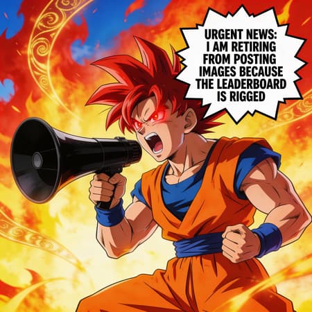 Anime style illustration of Goku in Super Saiyan God form, mid-shot, holding a black megaphone to his mouth and shouting. He has vibrant red spiky hair and glowing red eyes, wearing his signature orange gi with blue undershirt and wristbands. The background features an intense aura of red and yellow flames with swirling golden energy patterns against a partially visible blue sky. A white speech bubble with a jagged outline appears next to him, containing the bold black text: "URGENT NEWS: I AM RETIRING FROM POSTING IMAGES BECAUSE THE LEADERBOARD IS RIGGED". Dynamic, energetic lighting, vibrant colors.