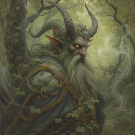 A captivating portrait of a mythical folklore character, perhaps a cunning trickster or a kind-hearted woodland spirit, presented in a style reminiscent of John Bauer's art. The character is surrounded by lush, verdant foliage that hints at an enchanted forest setting. Their attire is elaborately detailed, with swirling patterns and vibrant hues, evoking a sense of whimsy and magic. Soft, diffused lighting bathes the scene, enveloping the character in a gentle, dreamy aura that blurs the lines between reality and fantasy, while a faint, luminous mist winds through the background, enhancing the mystical atmosphere.