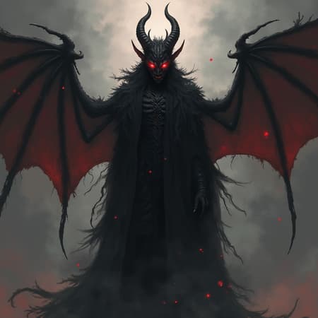 Illustration of a sinister demon with glowing red eyes, inspired by Jessica Rossier’s style, emphasizing strong negative space, elements reminiscent of Brandon Woelfel's work, featuring dark gray and red hues, incorporating dragon elements, immersed in a hazy atmosphere, with an elongated vertical composition.
