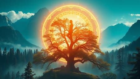 A mesmerizing circle of a radiant figure hovers above an ancient tree, set within a vibrant fantasy landscape. The scene bursts with energy, dominated by hues of teal and bronze, capturing the essence of a sublime wilderness. The figure seems to pulse with life, casting a shimmering glow over the terrain that feels both familiar and otherworldly. Majestic peaks in the background and softly glowing mist cradle the forest, creating an unparalleled sense of awe and wonder, reminiscent of adventure and hikecore, evoking the belief that such beauty is beyond reality.
