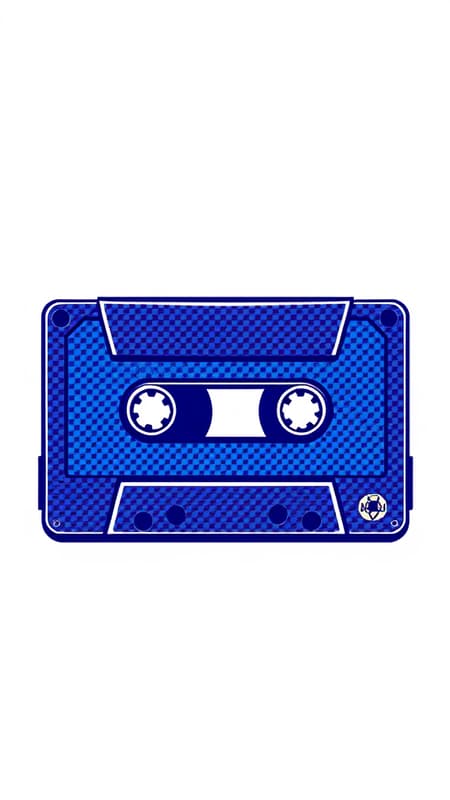A retro-inspired cassette tape icon featuring a sleek carbon fiber texture with a vibrant blue and purple color palette, in a style reminiscent of Roy Lichtenstein's pop art, set against a clean white background; the design incorporates bold lines and dynamic patterns to capture a sense of nostalgic energy and modern flair.