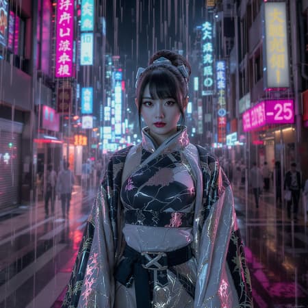 A 30-year-old Japanese woman, embodying beauty and elegance, stands with an atompunk aesthetic. The scene is captured from a high angle, the composition centered to highlight her presence. The cinematic shot reveals epic-level details in her futuristic attire, blending sleek metallic elements with intricate patterns. Her modern hairstyle and accessories reflect a fusion of tradition and innovation, set against a vibrant urban backdrop. The setting exudes a sense of advanced technology and retro-futurism, with neon lights casting a soft glow. This dynamic image captures the essence of a balanced future where beauty and technology coexist harmoniously.