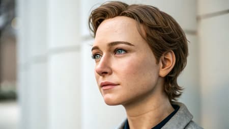 A clean, close-up portrait of a hyper-realistic AI character with natural lighting and a simple, neutral background.