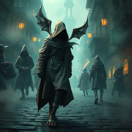 City Comes Alive Art A bustling city of thieves comes alive under a shroud of mist, where rogues and scoundrels tread the cobblestone streets with a mysterious air. The scene is a vibrant masterpiece, capturing the bustling, enigmatic ambiance with a touch of fantasy. Inspired by Artgerm's style, this highly detailed narrative showcases figures moving with fluid grace, articulated by volumetric lighting that casts intriguing shadows and highlights their features. The depth of field adds a layer of focus to the scene, drawing the eye to the intricate details of a cloaked figure walking with purpose. Unusual characteristics, like extra wings and extra toes, hint at a city hidden from ordinary view, thriving in its outlandish elegance. Out of frame, the city continues in its lively, chaotic dance, leaving much to the imagination.