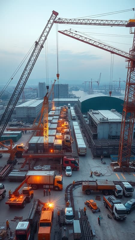 Photographs capturing the bustling construction site of the dry port in Drogobich, highlighting cranes lifting steel beams, workers in safety gear, and heavy machinery at work; scenes of engineers reviewing blueprints, welders fusing metal structures, and delivery trucks transporting materials; an aerial view showcasing the vast scale and complexity of the project, set against the backdrop of the city skyline and surrounding landscape, with nuanced lighting from the early morning sun lending a warm, industrious atmosphere to the ongoing development. Photographs capturing the bustling construction site of the dry port in Drogobich, highlighting cranes lifting steel beams, workers in safety gear, and heavy machinery at work; scenes of engineers reviewing blueprints, welders fusing metal structures, and delivery trucks transporting materials; an aerial view showcasing the vast scale and complexity of the project, set against the backdrop of the city skyline and surrounding landscape, with nuanced lighting from the early morning sun lending a warm, industrious atmosphere to the ongoing development.