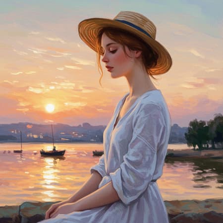 A captivating watercolor painting on canvas depicting a beautiful woman, inspired by the style of Paul Cézanne, merging the charm of Aix-en-Provence with post-impressionist and impressionistic landscape elements. Set against a backdrop of a sunset, the scene is infused with pastel colors that create a dreamy atmosphere. The artwork utilizes blurred, exaggerated blurriness and heavy brushstrokes to emphasize movement and emotion, while retaining a harmonious balance.