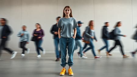 Capture a front-facing photography scene that embodies urban hustle, featuring a sharply focused female professional model standing still amidst the blurred motion of people walking around her. The setting is an open, minimalistic space with soft, indirect lighting and a neutral color scheme that enhances the motion blur effect. The main model wears a grey loose-fit T-shirt and denim jogger pants paired with bright yellow skateboard shoes. Surrounding sub-models are dressed in loose-fit hoodies, jogger pants, and sneakers. The camera used is a Sony α9 II with a Sony FE 100-400mm f/4.5-5.6 GM OSS lens, emphasizing the theme of stillness amidst chaos. The background features a plain wall with a subtle texture, ensuring focus remains on the dynamic motion effect created by the contrasting sharpness of the main subject against the transient figures around her, capturing the essence of movement and stability.