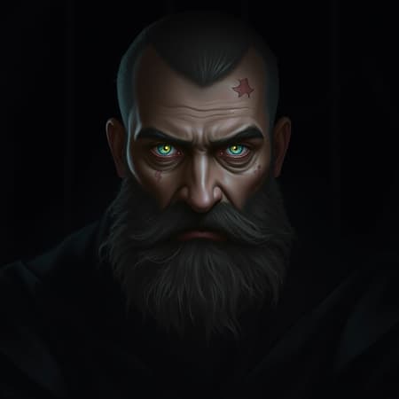 A man with a thick beard sits in a dimly lit room. His eyes emit an eerie glow, contrasting starkly with the black background that surrounds him. His features are captured in the style of Cedric Peyravernay’s DnD character art, presenting a captivating digital portrait that feels otherworldly. The character's countenance carries a rugged charm, with subtle hints of disfigurement adding depth and intrigue to his expression. The digital art is rich in detail, highlighting the textured strands of his beard and the intense gaze of his luminescent eyes. The portrait maintains a balance between dark fantasy and realism, drawing viewers into a mysterious, shadowy world where the line between beauty and imperfection is blurred.