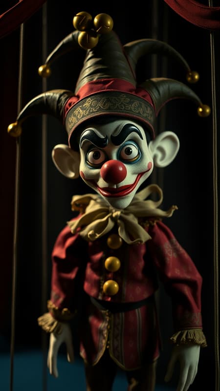 A cinematic still portrait of a whimsical, puppet-like jester with mischievous, mocking eyes, inspired by Tim Burton’s unique style. The puppet is adorned in a classic Fool's ensemble with vibrant colors and intricate patterns, crowned with a jingling cap 'n' bells hat. It stands gracefully on a puppet theater stage, its presence captured through a portrait shot with dramatic, cinematic lighting. The shot is taken at eye level with a 1970’s Leica M3 rangefinder, using a Summicron 35mm lens set to a wide aperture of f2, ISO 600, and a shutter speed of 1/50, rendered on 1970s Kodak color film. The image, a close-up, focuses on capturing the puppet’s expressive features and ornate details, emphasizing a theatrical mood without any distortion or imperfections, ensuring clarity and sharpness in every detail.