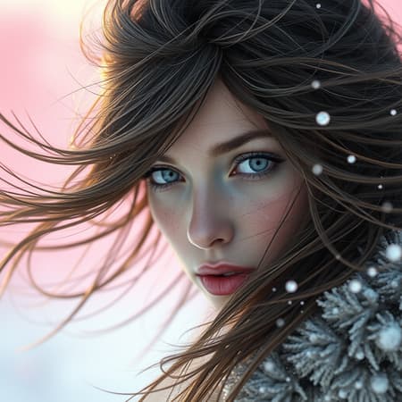 Ethereal winter scene featuring a character with piercing grey eyes, depicted in hyper-detailed digital art. The composition captures the essence of winter's winds, with hair dynamically cascading in all directions as if caught mid-flight. The background radiates with a beautiful pink hue, rendered in octane for a stunning visual effect. This studio-quality, smooth render benefits from cinematic lighting, reminiscent of Klimt, Nixeu, Ian Sprigger, WLOP, and Krenz Cushart's artistry. The image is brought to life using Unreal Engine 5, offering a seamless blend of natural elegance and artistic interpretation.