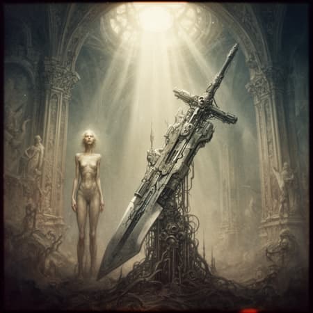 Analog film photo (art by ZdzisÅaw Beksinski:2). Baroque style. Gothic. Skinny woman. Mechanical. Giant cyberpunk sword. Epic, glorification, backlit, god rays, faded film, desaturated, 35mm photo, grainy, vignette, vintage, Kodachrome, Lomography, stained, highly detailed, found footage.. ChatGPT-4o style <lora:YFG-ChatGPT-4o-Flux2-Klein_v2_000002500:1>