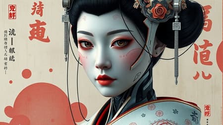 Realistic portrait painting of a Japanese robotic geisha with intricate kanji symbols and futuristic decals, rendered with octane and unreal engine 5 for high detail and resolution. Influenced by themes from Ex Machina and iRobot, this artwork features a blend of advanced technology and traditional aesthetics. The composition focuses on the geisha's serene yet enigmatic expression, surrounded by a backdrop of delicate Japanese motifs. Her mechanical features are seamlessly integrated with her traditional attire, showcasing a harmonious fusion of past and future. Despite high fidelity and attention to detail, there are elements of intentional digital artifacts such as minor textural glitches and subtle signatures to evoke a sense of digital realism.