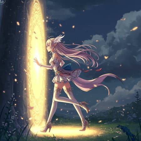 Female anime character from a side view poised to step through a luminescent magical portal leading to the real world, manga-inspired style with photorealistic elements, intricate detail, vibrant colors, high definition 8k quality, set in a 3:2 aspect ratio with ethereal lighting casting soft glows on her delicate features and fantastical attire.
