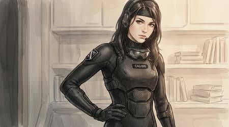 Kaljedef art style: A watercolor-style illustration of  A portrait of a young, slender Caucasian woman with long darkhair, flat-chested woman, situated in a modern, minimalist cabin of a warship. The woman has a athletic silhouette. Loose black hair, parted on the right side. She wears a Black neoprene bodysuit with matte textured cabron elements. The chest and forearms feature armor elements made of black, rough plastic. The elements are made without anatomical curves. Suit with very distinct neoprene texture. On her chest, a small nameplate black bears the inscription "CAG-099". On her upper left shoulder, there is a black and white tactical emblem/patch. Black gloves, a small headset a microphone, and tactical goggles on her forehead. With one hand on her hip, she looks critically at the viewer. thoughtfullyasoft warm lighting illuminates her face and skin tones subtly against a muted background featuring stacked books and shelves behind her, rendered with delicate brushstrokes reminiscent of Jeff Dekalas aesthetic a clean lines, expressive eyes, intimate atmosphere, and subtle depth through layered washes without harsh shadows or hyper-realism. <lora:Jeff_Dekal_E10:0.75>