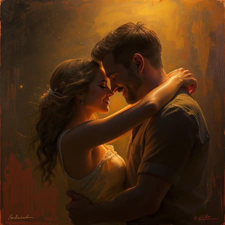 Romantic embrace under cinematic lighting, capturing the essence of love in hyperrealistic detail, digital painting, 8k resolution, intricate textures and lifelike expressions, subtle creative enhancements made to original theme, expertly rendered hands with natural positioning, ambient warmth and depth in composition.